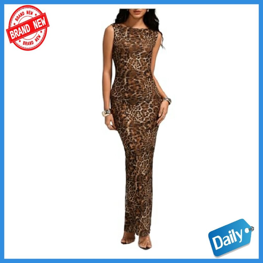 Leopard Print Maxi Dress Sleeveless Bodycon Party Club Tank - Picture 2 of 6
